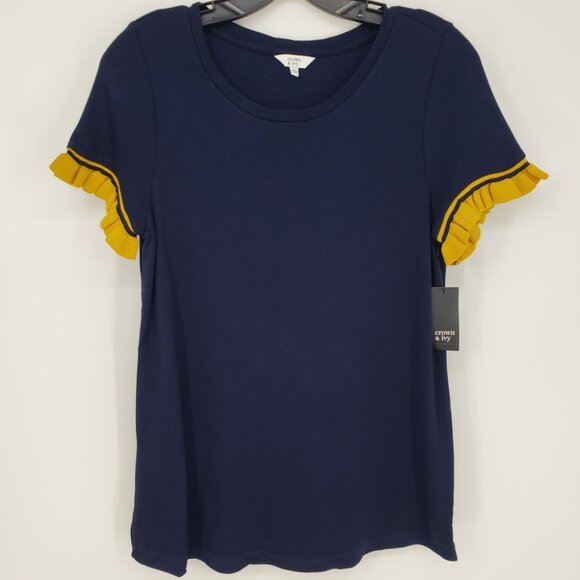 Crown & Ivy Knit Ruffle Trim Tee Shirt Top XS Short Sleeves Navy Blue Yellow NEW - Picture 1 of 8